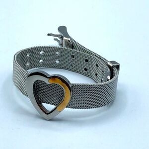 Silver& gold colored heart on silver mesh belt bracelet.